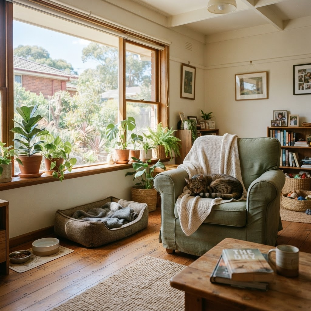 A calm foster living room with a cat resting on an armchair and a dog bed nearby