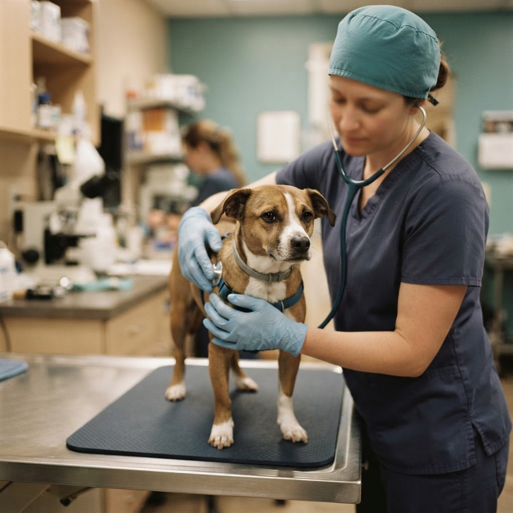 A veterinarian gently examining a calm rescue dog during an intake health check.